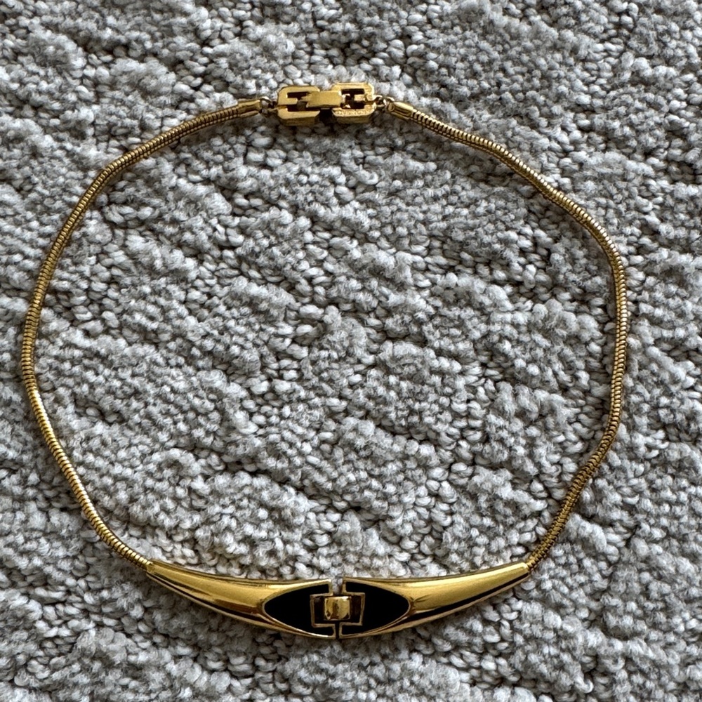 Vintage Givenchy Gold Toned Black Enamel Necklace Snake Chain Designer Collar